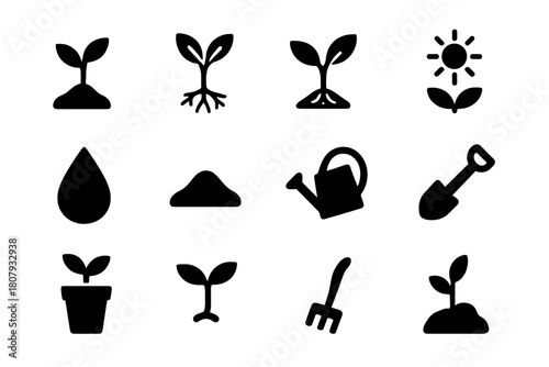 Tree Sapling Icons. Tree Sapling. Solid icon set of Tree Sapling: sapling, tree, roots, leaves, sun, water droplet, soil mound, watering can, shovel, plant