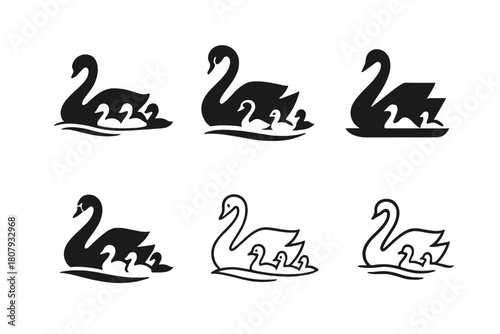 Swan Logo Variations. Swans. Icon set. Set Logo of swans: minimalist swan feather motif. harmonious logo variations of the same emblematic concept, each with