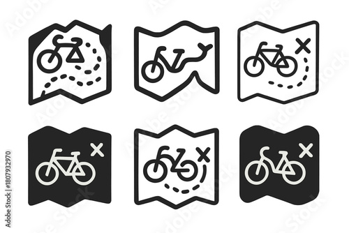 Bicycle Treasure Hunt Logos. bicycle treasure hunts. Icon set. Set Logo of bicycle treasure hunts: adventure map with cycling route. harmonious logo variations
