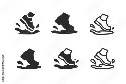 Jumping Puddles Logos. Jumping over puddles. Icon set. Set Logo of Jumping over puddles: Reflection in water. harmonious logo variations of the same emblematic