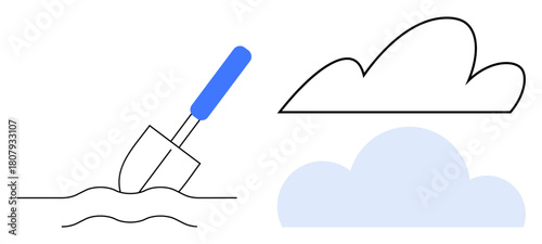 Shovel penetrating soil symbolizing groundwork and effort. Abstract blue and outlined clouds evoke growth, environment, and sustainability. Ideal for nature, agriculture, innovation, teamwork