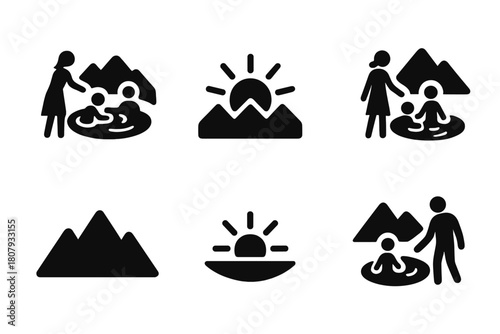 Mountain Hot Spring Icons. A family exploring a natural hot spring in a remote mountain area. Icon set. Set Logo of Sunrise: Sun rising over mountains.