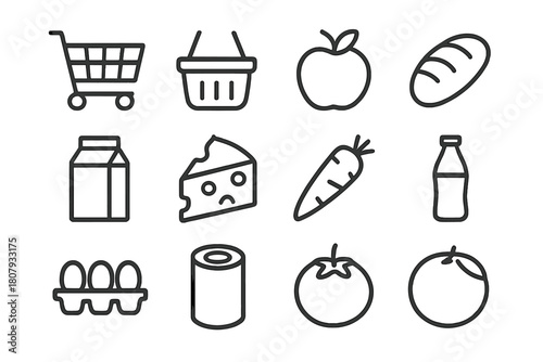 Supermarket Icon Set. Supermarket items. Line icon set of Supermarket items: shopping cart, basket, apple, bread loaf, milk carton, cheese, carrot, soda