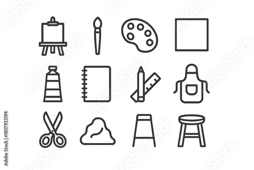 Art Workshop Icons. Art workshops. Line icon set of art workshops: easel, paintbrush, palette, canvas, paint tube, sketchbook, pencil, ruler, scissors, clay,