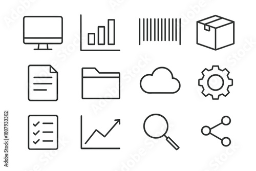 Inventory Software Icons. Inventory software. Line icon set of inventory software: monitor, chart, barcode, box, document, folder, cloud, gear, checklist,