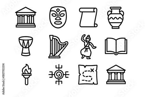 Cultural Heritage Icons. Cultural heritage sites. Solid icon set of Cultural heritage sites: temple, mosque, pagoda, pyramid, castle, palace, monastery,