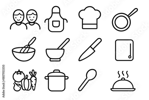 Cooking Friends Icons. Friends cooking meal. Line icon set of Friends cooking meal: two people, chef hat, apron, frying pan, mixing bowl, spatula, knife,
