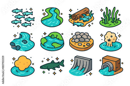 Freshwater Icons Grid. Freshwater shoals. Colorful isometric vector icons set of Freshwater shoals: minnow shoal, river bend habitat, submerged log shelter,