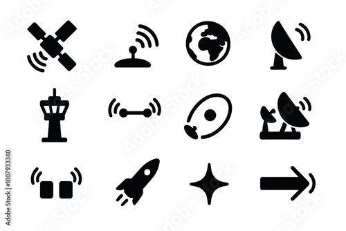 Satellite Communication Icons. Satellite communication. Solid icon set of Satellite communication: orbiting satellite, radar waves, earth globe, antenna,
