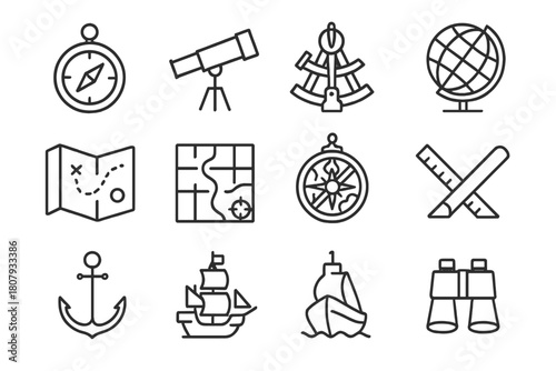 Explorers' Tool Icons. Explorers? tools. Line icon set of explorers? tools: compass, telescope, sextant, globe, map, chart, astrolabe, ruler, protractor,