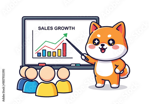 Shiba Inu cartoon character presenting sales growth graph to people in a meeting.