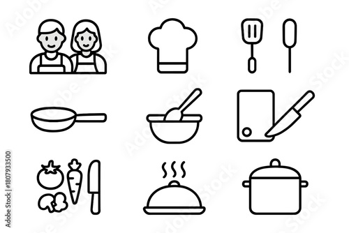 Cooking Duo Icons. Special occasion cooking duo. Line icon set of Special occasion cooking duo: two people, apron, chef hat, frying pan, mixing bowl, spatula,