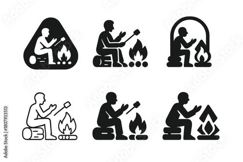 Campfire Logo Variations. A person sitting by a campfire in the woods, roasting marshmallows and telling stories. Icon set. Set Logo of A person sitting by a