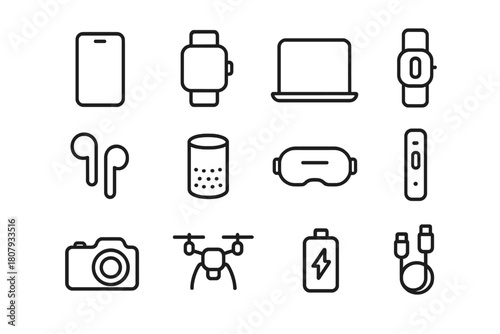 Smart Gadget Line Icons. Smart gadgets. Line icon set of smart gadgets: smartphone, smartwatch, tablet, laptop, wireless earbuds, smart speaker, VR headset,