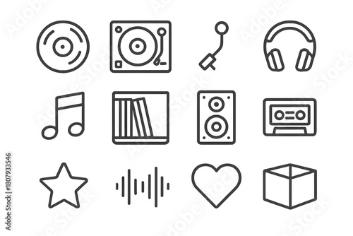 Vinyl Icon Collection. Vinyl collection. Line icon set of vinyl collection: vinyl record, turntable, needle arm, headphones, music note, shelf, speaker,