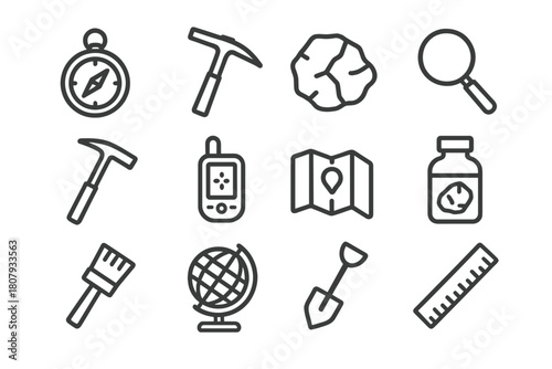 Geology Tools Icons. Geology Instruments. Line icon set of Geology Instruments: compass, hammer, rock, magnifying glass, pickaxe, GPS, map, sample bottle,
