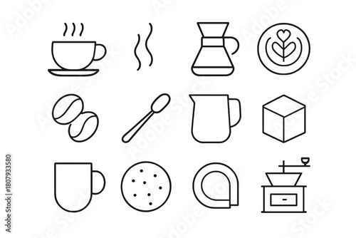 Barista Icon Set. Barista set. Line icon set of Barista set: coffee cup, steam, saucer, coffee pot, latte art, coffee beans, teaspoon, milk jug, sugar cube,