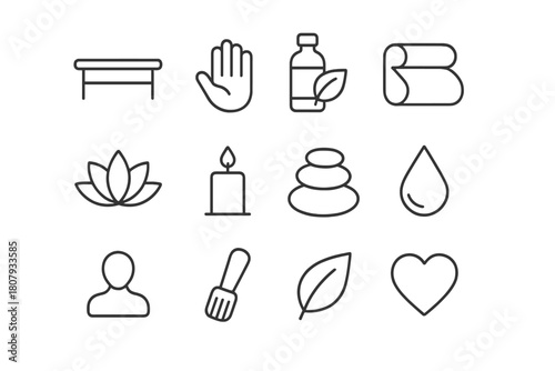 Massage Icon Set. Massage Therapy. Line icon set of Massage Therapy: massage bed, hand, oil bottle, towel, lotus, candle, stones, aroma drop, person