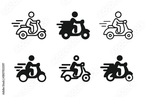 Scooter Logo Variations. Riding a scooter. Icon set. Set Logo of Riding a Scooter: scooter parked beside city street. harmonious logo variations of the same