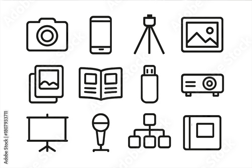 Photo Sharing Icons. Photo and memory sharing. Line icon set of photo and memory sharing: camera, smartphone, tripod, photo frame, instant photo, scrapbook,