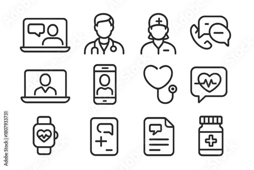 Online Consultation Icons. Online consultation. Line icon set of online consultation: video call, doctor, nurse, laptop, smartphone, stethoscope, heart