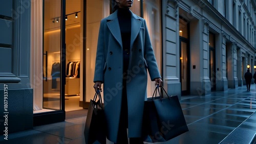 Black Friday Sale: A stylish Black woman enjoys luxury shopping, exiting a chic city store in the evening with bags.