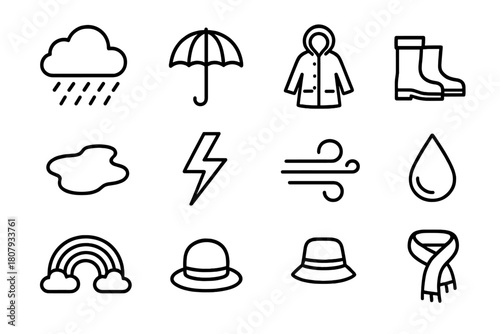 Rainy Weather Icons. Rainy weather. Line icon set of Rainy weather: cloud, raindrops, umbrella, raincoat, boots, puddle, lightning, wind, water droplet,