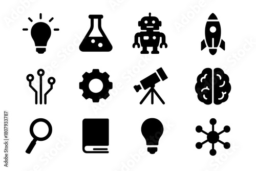 Innovation Icons Grid. Innovation Workshop. Solid icon set of Innovation Workshop: light bulb, idea cloud, notebook, pencil, sticky notes, people