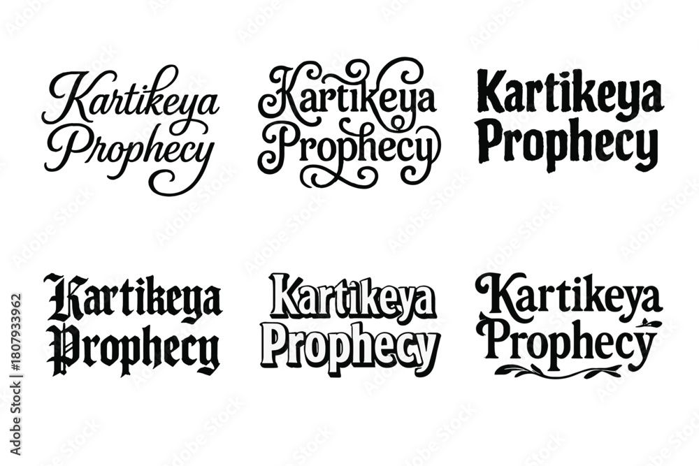 Obraz premium Harmonious Lettering Artistry. Karitkeya Prophecy. Set lettering. harmonious lettering variations of the same emblematic concept, each with different artistic