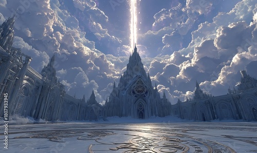 Eternal frozen sanctum with sacred geometries glowing beneath the blinding light of divine judgment