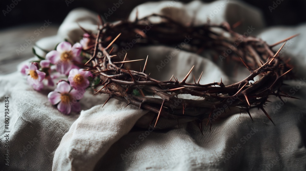 Fototapeta premium Crown of thorns on cloth — symbolic religious motif