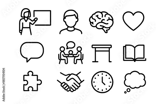 Emotional Intelligence Icons. Emotional intelligence in class. Line icon set of emotional intelligence in class: teacher, student, brain, heart, speech bubble,