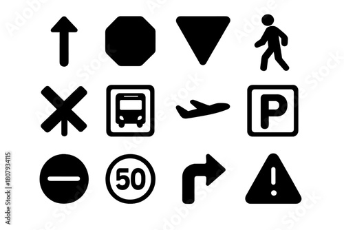 Black Transportation Icons. Transportation signs. Solid icon set of transportation signs: arrow sign, stop sign, yield sign, pedestrian sign, train crossing,