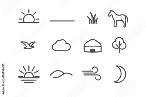 Steppe Sunset Icons. Steppe Sunset. Line icon set of Steppe Sunset: sun, horizon, grass, horse silhouette, bird in sky, cloud, yurt shadow, tree, light rays,