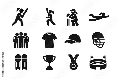 Women's Cricket Icons. Women?s Cricket. Solid icon set of Women?s Cricket: women batter, women bowler, wicketkeeper, fielder dive, team huddle, jersey, cap,