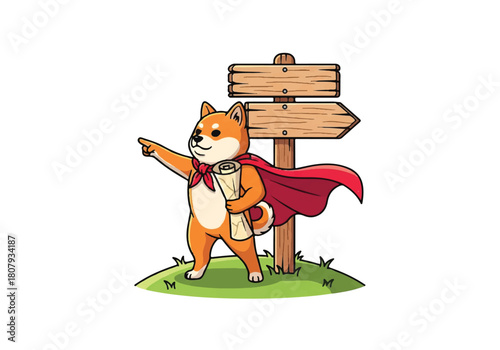 Cartoon Shiba Inu dog wearing red cape standing on green grass pointing at signpost with wooden arrows on white background