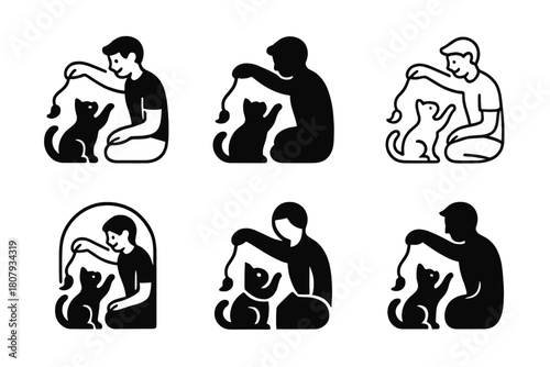 Joyful Pet Logos. joyful pets playing with their owners. Icon set. Set Logo of joyful pets playing with their owners: pet and owner high five. harmonious logo