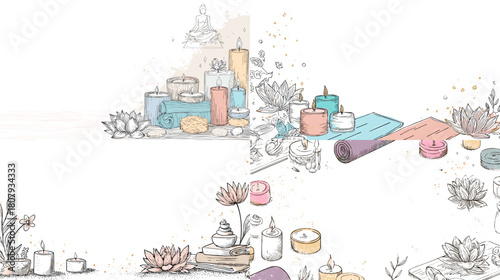 Soft hand drawn illustration of yoga mats candles essential oils and wellness elements arranged in calming compositions. Ideal for spa themes meditation design self care and relaxation content.