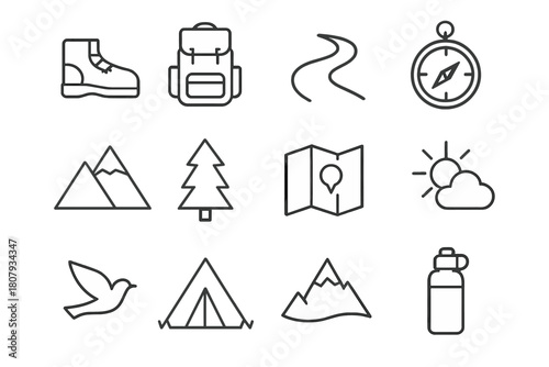 Hiking Icon Set. Hiking expedition. Line icon set of Hiking expedition: group of hikers, mountain, backpack, walking stick, hiking boots, map, compass, water