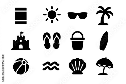 Relaxing Beach Icons. Relaxing Beach. Solid icon set of Relaxing Beach: beach towel, sun, sunglasses, palm tree, sandcastle, flip flops, bucket, surfboard,