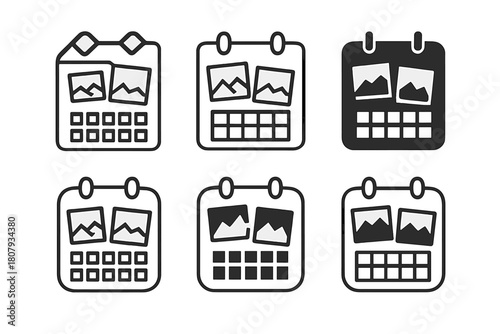 Family Album Logo Creations. Creating family photo albums and scrapbooks. Icon set. Set Logo of creating family photo albums and scrapbooks: calendar scrapbook