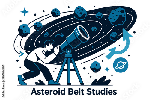Asteroid Belt Exploration. Asteroid belt studies. Telescope pointing towards asteroid belt with floating asteroids and abstract orbit lines; conveys astronomy,