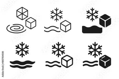 Freezing Process Logos. The process of freezing. Icon set. Set Logo of The process of freezing: water droplet crystallizing into a snowflake. harmonious logo