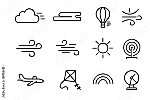 Cloud Movement Icons. Cloud movement. Line icon set of cloud movement: cumulus cloud, stratus cloud, cirrus cloud, wind arrow, gust lines, hot air balloon,
