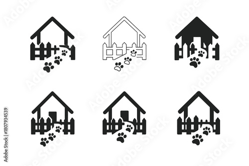 Pet-Friendly Home Icons. Pet-friendly home ideas. Icon set. Set Logo of pet-friendly home ideas: pet bed and blanket corner. harmonious logo variations of the