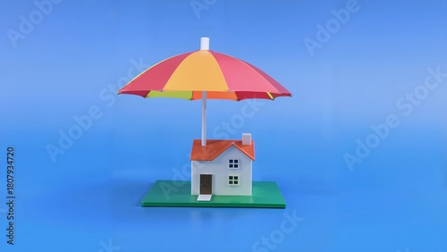 Hausmodell unter einem Regenbogen Regenschirm  