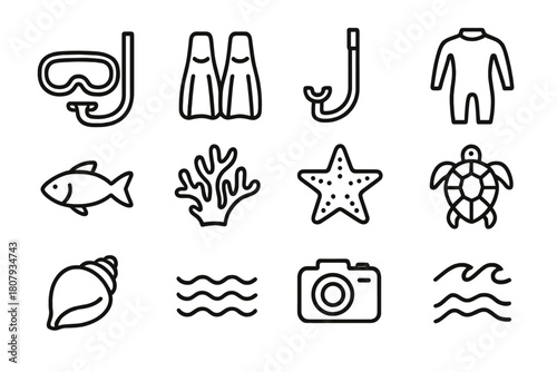 Snorkeling Icon Set. Snorkeling adventure. Line icon set of Snorkeling adventure: snorkel mask, fins, snorkel tube, wetsuit, flippers, fish, coral, sea turtle,