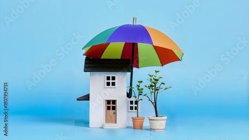 Hausmodell unter einem Regenbogen Regenschirm  