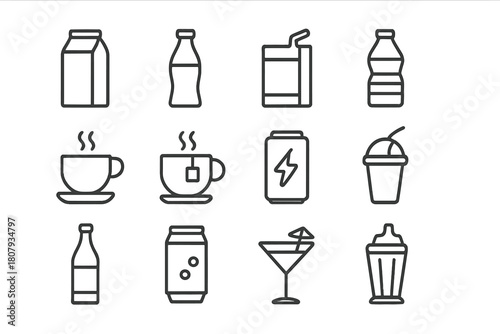 Beverage Icon Set. Beverage toast. Line icon set of beverage toast: wine glass, clinking glasses, cocktail glass, martini glass, champagne flute, beer mug,