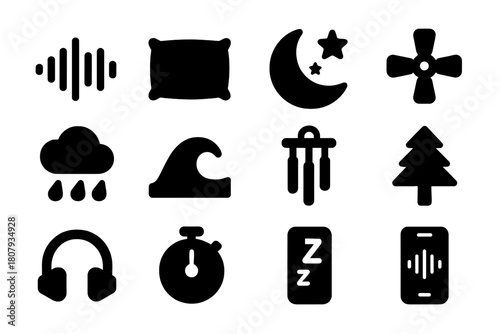 Sleep Sound Icons. Sleep and relaxation sounds. Solid icon set of Sleep and relaxation sounds: sound wave, pillow, moon, stars, fan, rain cloud, ocean wave,